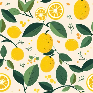 A seamless pattern of lemons and branches with leaves on a white background.