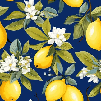 A beautiful pattern featuring lemons, flowers, and leaves on a blue background.