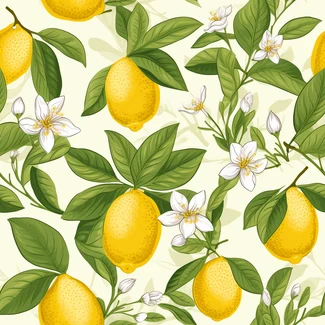 A seamless pattern featuring yellow lemons and delicate flowers on a white background.