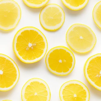 A mosaic of yellow lemon slices cut in half on a white background.
