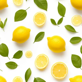 A bright yellow lemon pattern with green leaves on a white background