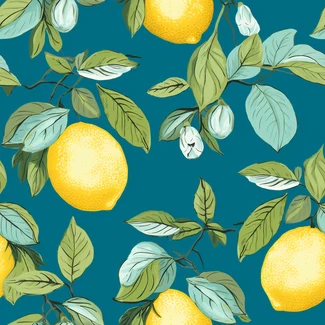 A charming pattern featuring lemon trees and leaves on a blue background.