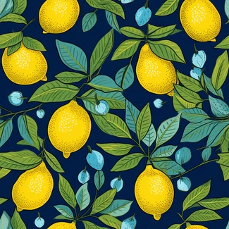 A seamless pattern featuring green leaves and lemons on a deep blue background.