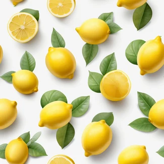 A seamless pattern of lemons and leaves on a bright white background.
