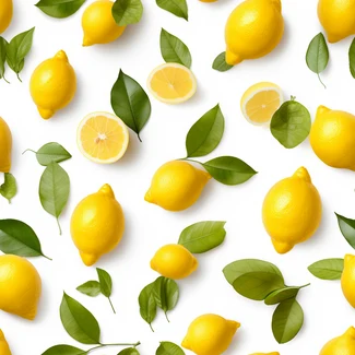A pattern of fresh and juicy lemons and leaves on a white background.