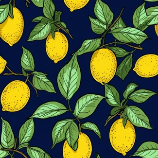 A seamless pattern featuring hand-drawn lemons and leaves in shades of yellow, blue, dark navy, and green.