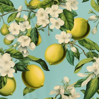 Lemon branches and flowers on a sky-blue background