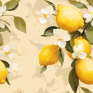 A seamless pattern featuring illustrations of lemons and blossoms on a beige background with white flowers and green leaves.