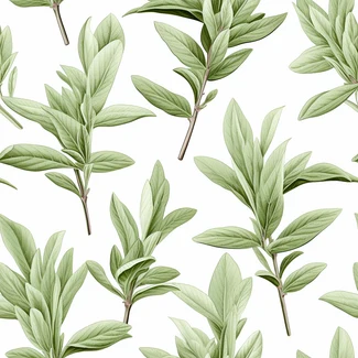 A seamless pattern of sage botanical illustration with detailed shading on a light green background.