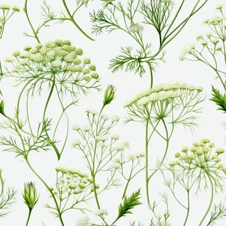 A beautiful seamless pattern of green dill leaves and flowers on a white background.