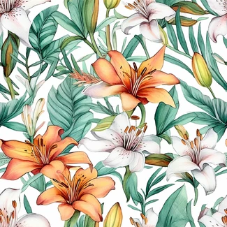 A seamless pattern of orange and white lily flowers and leaves on a white background, in the style of traditional ink painting
