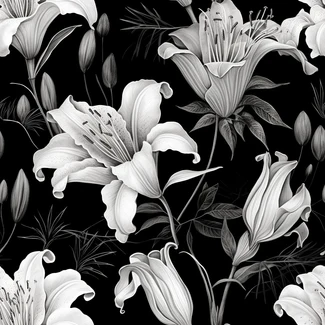 Black and white lilies botanical illustration on a seamless pattern.