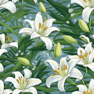 A repeating pattern of white lilies with butterfly-shaped flowers on a sky-blue background