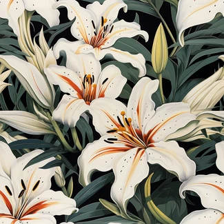 A seamless pattern featuring white lilies and green leaves on a black background.