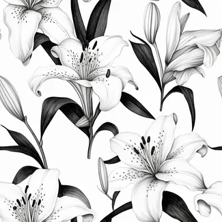 Monochrome Lilies Botanical Illustration Seamless Pattern