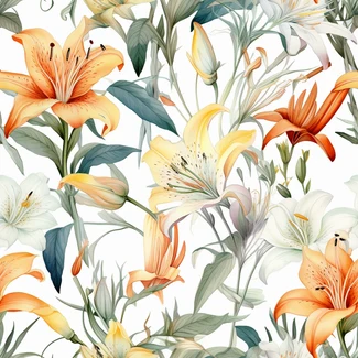 Orange and white lilies watercolor seamless pattern on white background