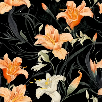 A seamless pattern featuring orange lilies on a black background with hyper-detailed vines.