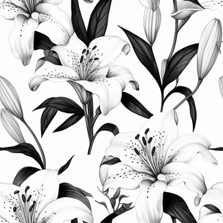 A seamless pattern of black and white lilies on a white background
