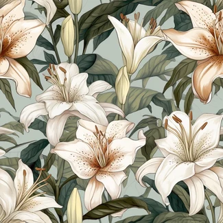 Luminous Lily - a seamless pattern of white and brown lilies against a white background with light emerald and light beige accents.