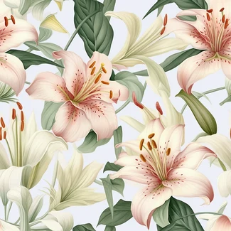 A seamless pattern featuring light-colored lilies and leaves on a white background