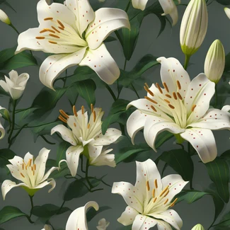 Tropical Lilies pattern featuring white lilies and green leaves on a dark blue background.