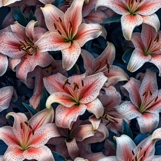 A beautiful Lilylicious pattern featuring pink lilies arranged in a scattered composition over a dark sky-blue background with hints of light red and beige.
