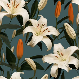 A seamless pattern featuring lily flowers in shades of dark white, light green, and orange on a minimalist background in dark teal, light beige, and dark sky-blue.