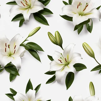 A seamless pattern featuring delicate white lilies on a clean, white background