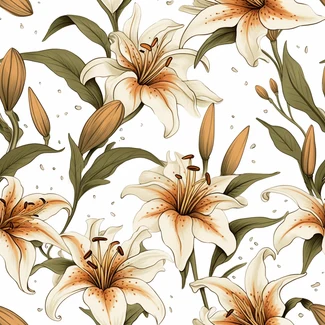 A seamless pattern of white lilies with intricate botanical illustrations on a white background with earth tones and light colors
