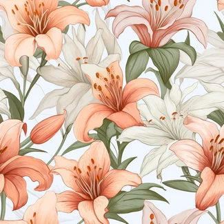 A seamless pattern of peach and white lilies on a white background with light gray and light blue accents and light red and light orange details.