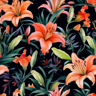 Orange lilies on black background watercolor pattern