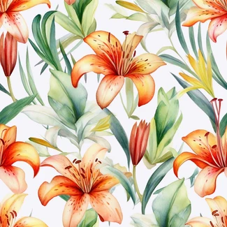A seamless pattern featuring orange lilies and green leaves on a white background in a watercolor style.