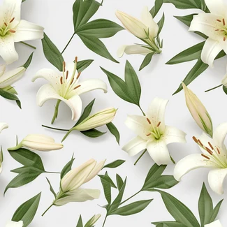 A seamless pattern featuring white lilies and green leaves on a white background