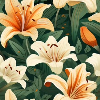 A seamless floral pattern featuring delicate lilies and lush green leaves in warm, bold graphic illustrations.