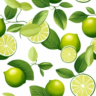 A seamless pattern of limes and leaves on a white background.