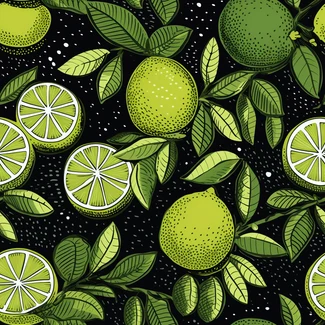 A black background with lifelike limes and leaves create a zesty lime botanical illustration seamless pattern.