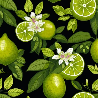 A lime botanical illustration with white flowers and leaves over a black background.