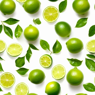 A geometric pattern made up of green limes with leaves and stems on a white background.
