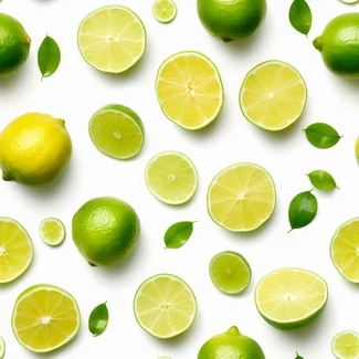 A pattern featuring lime and lemon slices on green and white backgrounds from a top-down perspective.