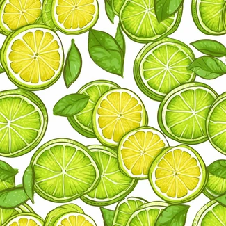 A seamless pattern of green and yellow limes and lime leaves arranged in a geometric design.