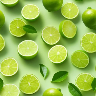 A photorealistic pattern of fresh lime slices on a green background.