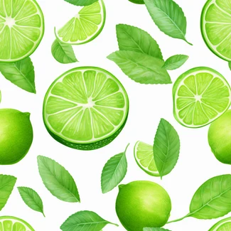 A lime watercolor seamless pattern featuring slices of lime and watercolor leaves on a green background.