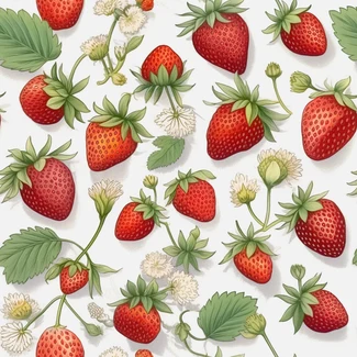 A seamless pattern featuring a botanical illustration of strawberries, flowers, and leaves on a white background.