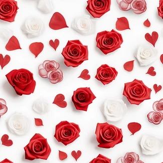 Red and white roses on a white background with poured paper sculptures and scattered composition.