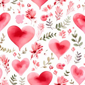 A lovely watercolor pattern with red hearts, pink and white flowers, charming characters, and trees.
