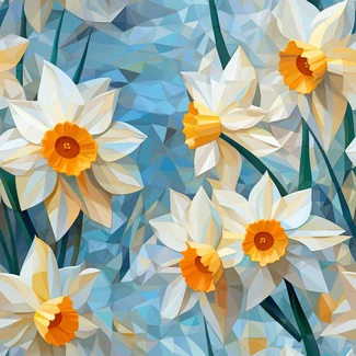 Low polygonal daffodils on blue background with leaves in polygons
