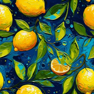 A seamless pattern of lemon illustrations with green leaves on a blue background with a water droplet.