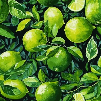 A seamless pattern of limes and leaves on a dark background