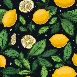 A seamless pattern of lemons and leaves on a black background