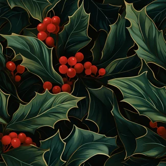 A seamless pattern of holly leaves with red berries against a light gold and dark emerald background.